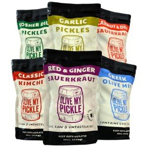 Olive My Pickle Fermented Sauerkraut Organic, Olives & Kimchi | 6 Pack of Carrot & Dill, Red & Ginger Sauerkraut, Garlic & Kosher Dill Pickles, Classic Kimchi & Greek Olive Mix | Sauerkraut Packets