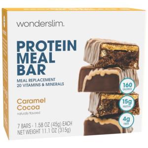 WonderSlim Meal Replacement Protein Bar, Caramel Cocoa, 15g Protein, 20 Vitamins & Minerals, Gluten Free (7ct)