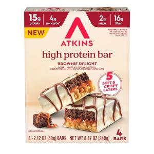 Atkins High Protein Bars, Brownie Delight Flavor, 15g of Protein, 4g Net Carbs, 4 Count