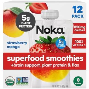 Noka Superfood Fruit Smoothie Pouches Ready to Drink with Brain Support, Healthy Snacks w/ 850mg Omega-3 Flax Seed Plant Protein Vegan Gluten Free Organic Fruit Squeeze Pouch Strawberry Mango 4.22 oz 12 Count