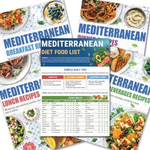 5 Pack Mediterranean Diet Chart Food List 2025, 80+ Easy Meal Planner Recipes for Beginner (Laminated), Mediterranean Ingredient Meal Plan, Serving Sizes Calories Net Carbs, Diabetes-Friendly