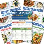 5 Pack Mediterranean Diet Chart Food List 2025, 80+ Easy Meal Planner Recipes for Beginner (Laminated), Mediterranean Ingredient Meal Plan, Serving Sizes Calories Net Carbs, Diabetes-Friendly