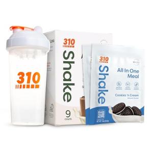 310 Nutrition All-in-One Meal Replacement Shake Powder w/ Shaker Cup Starter Kit - High Protein Fiber Rich Vegan Superfood Blend - Sugar-Free, Keto & Paleo Friendly, Low Carb - Cookies N Cream 9 Individual Servings