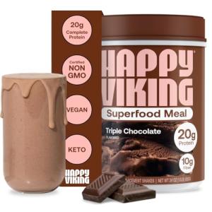 Happy Viking Triple Chocolate Protein + Superfoods Powder, Created by Venus Williams, 20G Protein, Low Carb, Keto, Vegan, Gluten-Free, Non-GMO, Complete Meal Replacement, 1 Canister (24 oz.)