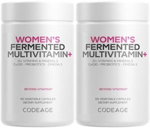 Codeage Women’s Daily Multivitamin, 25+ Vitamins & Minerals, Fermented, Organic Whole Foods, Probiotics Supplement - Vitamin A, B, C, D, E & K, Omega 3, Zinc – Vegan - 2 Pack