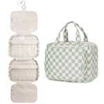 Narwey Hanging Toiletry Bag for Women Travel Checkered Makeup Bag Organizer Toiletries Bag for Travel Size Essentials Accessories Cosmetics (Mint Green Checkerboard (Medium))