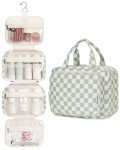 Narwey Hanging Toiletry Bag for Women Travel Checkered Makeup Bag Organizer Toiletries Bag for Travel Size Essentials Accessories Cosmetics (Mint Green Checkerboard (Medium))