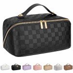 ALEXTINA Large Capacity Travel Cosmetic Bag - Portable Makeup Bags for Women Travel Toiletry Bag Waterproof Leather Checkered Makeup Organizer Bag, Roomy Cosmetic Bag for Women and Girls, Black