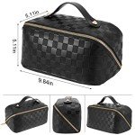 ALEXTINA Large Capacity Travel Cosmetic Bag - Portable Makeup Bags for Women Travel Toiletry Bag Waterproof Leather Checkered Makeup Organizer Bag, Roomy Cosmetic Bag for Women and Girls, Black