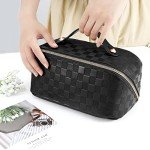 ALEXTINA Large Capacity Travel Cosmetic Bag - Portable Makeup Bags for Women Travel Toiletry Bag Waterproof Leather Checkered Makeup Organizer Bag, Roomy Cosmetic Bag for Women and Girls, Black