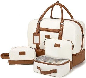 Wogarl 4PCS Weekender Bags for Women Large Overnight Bag Weekend Travel Duffel Bag Carry on Shoulder with Shoe Compartment Canvas Toiletry Bag for Travel Business Gym,Beige