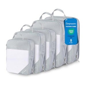 Compression Packing Cubes, 5 Set Packing Cubes for Travel Compression, Lightweight Compressible Package Organizer for Carry On and Suitcases, Light Grey