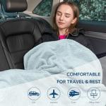 BEDELITE Travel Blanket and Pillow Set 2-in-1, Ultra-Soft Jacquard Fleece Blanket with Bag, Airplane Blanket with Luggage Sleeve & Backpack Clip Travel Essentials, Blue