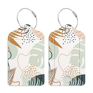 GDJEGE PU Leather Luggage Tags for Suitcase, Travel Cruise 2 Pack with Privacy Flap, Name ID Label and Metal Loop for Women Men Girls Baggage Bag Backpack Instrument, Boho Leaves