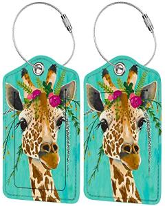 2 Pack Luggage Tag for Suitcase, Cute Unique Leather Bag Tags Identifiers Privacy Cover ID Label with Durable Steel Loop for Women Men Kids Girls Travel, Giraffe