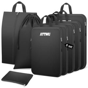8 Set Compression Packing Cubes for Travel, Expandable Compression Cubes for Suitcases, Lightweight Suitcase Organizer with Shoes & Laundry Bags, Travel Accessories for Men Women (Black)
