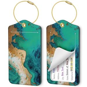 2 Pack Luggage Tags for Suitcases, Cute PU Leather Name Tags with Privacy Cover & Stainless Steel Loops, Travel ID Bag Tags for Women & Men - Coastline