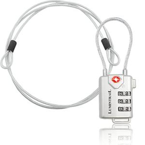 Lumintrail TSA Approved Lock for Luggage or Suitcase, Easy-to-Read 3 Digit Personalized Combination, Metal Travel Suitcase Luggage Lock, Silver, with a 4-FT Braided Steel Cable (1 Pack)