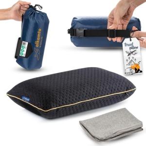 alkamto Memory Foam Pillow for Travel and Camping with Extra Cotton Cover – Easy to Carry Portable Bag (Black)