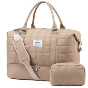 LOVEVOOK Large Duffle Bag for Travel, Puffer Weekend Bags for Women Travel Tote, Carry on Duffel Bag for Airplanes, 18 Inch Personal Item Bag Gym Bag Women, Coffee