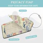 Travel Stamp Luggage Tags for Suitcase,2 Pack Retro Passport Carte Postale Luggage Tag Leather Privacy Cover ID Label with Stainless Steel Loop for Women Men Kids Girls