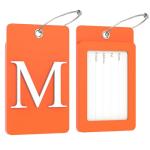 Gostwo 2 Pack Luggage Tags for Suitcases, 26 Initial Letter Travel Luggage Baggage Identification Labels ID Tag Fully Bendable Tags with Stainless Steel Loop (Orange) (Letter M)