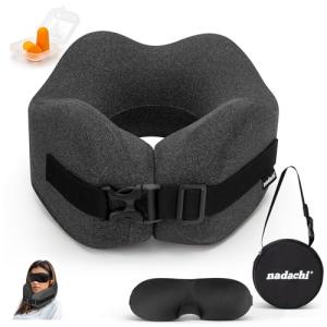 nadachi Neck Pillow Airplane Travel Set - Pure Memory Foam Travel Pillow for Long Flights Essentials, Sleeping with 3D Contoured Eye Mask, Earplugs, Portable Bag (Grayish)
