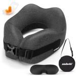 nadachi Neck Pillow Airplane Travel Set - Pure Memory Foam Travel Pillow for Long Flights Essentials, Sleeping with 3D Contoured Eye Mask, Earplugs, Portable Bag (Grayish)