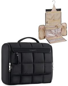 BAGSMART Travel Toiletry Bag, Extra Large Full-open Hanging Toiletry Bag for Women, Puffy Cosmetic Makeup Bag Organizer with Handle for Accessories, Essentials, Toiletries (Black 13''L)
