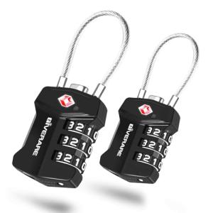 2 Pack TSA Approved Travel Luggage Locks, Cable Combination Lock Alloy, Metal Keyless 3-Digit Padlocks, Weatherproof TSA Accepted Padlock for Gym Locker, Golf Bag Case, Backpack, Black-by GIVERARE
