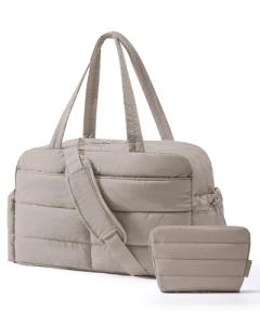BAGSMART Gym Bag for Women, Lightweight Puffer Duffle Bag 2-PC Travel Bag, 31L Weekender Overnight Bag Quilted Carry On Tote Bag, Diaper Hospital Dance bag for Travel, Gym, Water Resistant, Camel