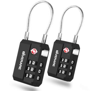 2 Pack TSA Approved Travel Luggage Locks, Cable Combination Lock 3-Digit, Keyless Suitcase Padlocks, Weatherproof Padlock for Locker, Golf Bag, Gun Case, Backpack, Anti Theft, Easy Read Dials-Black