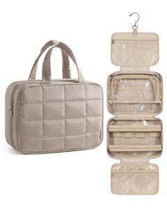 BAGSMART Travel Toiletry Bag for Womne, Hanging Travel Bag for Toiletries, Puffy Makeup Cosmetic Bag Organizer, Carry-on Travel Accessories Essentials, Camel