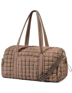 Quilted Travel Duffle Bag for Women Weekender Bag Large Puffer Overnight Bags Soft Puffy Duffel Bag Carry on Gym Bag Lightweight Personal Item Travel Bag for Trips Business Sport Airplane (Khaki)