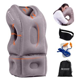 Modern Advantage Inflatable Travel Pillow for Airplanes with Adjustable Extra Bottom, Support Head & Chin to Avoid Neck & Shoulder Pain, for Travelling, Office Napping with Eye Mask & Earplug (Grey)