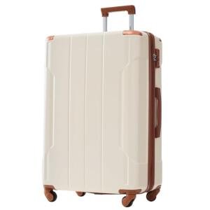Merax 28 Inch Checked-Large Luggage with Wheels Aluminum Alloy Corner Hard Shell Suitcase TSA Luggage Suitcases for Travel Woman Men(White Brown)