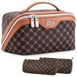 BOYATU Travel Makeup Bag Cosmetic Bags for Women: 3 Pcs Set Large Portable Make up Bag with Handle - Vegan Leather Toiletry Bags with Compartments - Makeup Organizer for Travel Essentials(A-1-Coffee)