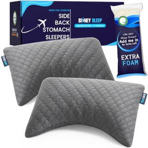 Sidney Sleep Set of 2 Mini Travel Size Neck Pillows - Knee Pillow - Back Lumbar Support - Curved Bed Pillow - 14 x 19 Inches - Adjustable Loft - Carry Backpack Included (Grey 2 Pack Mini)