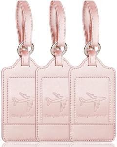 Teskyer Luggage Tags, 3 Pack Premium PU Leather Luggage Tags for Suitcases, Privacy Protection Travel Bag Tags, Rose Gold