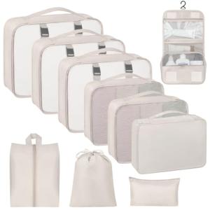 10 Set Packing Cubes for Travel, Travel Organizer with Hanging Toiletry Bag and Shoe Bag, Luggage Organizer Bags for Travel Essentials Women Men (Beige)