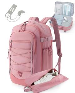 BAGSMART Carry On Backpack, 17.3 Inch Large Travel backpack Carry On Flight Approved, Personal Item Backpack Travel Bag With Shoe Bag, 27L Water Resistant Casual Daypack, Pink