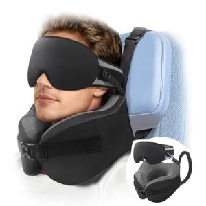 YFONG Travel Pillow for Long Flight Airplanes, Head Strap Combo with 3D Contoured Eye Mask for Sleep, Neck Pillow for Car Trip Essential, 360° Support Memory Foam Headrest, Prevent Head Bobbing, Black