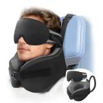 YFONG Travel Pillow for Long Flight Airplanes, Head Strap Combo with 3D Contoured Eye Mask for Sleep, Neck Pillow for Car Trip Essential, 360° Support Memory Foam Headrest, Prevent Head Bobbing, Black