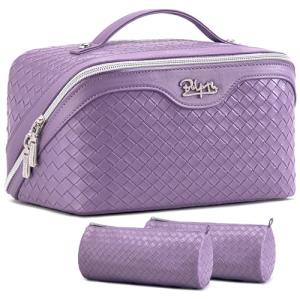 BOYATU Travel Makeup Bag Cosmetic Bags for Women: Large Capacity 3 Pcs Set Make up Bag with Compartments - Waterproof Vegan Leather Toiletry Organizer Bags with Handle - Travel Essentials(L01 Purple)