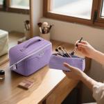 BOYATU Travel Makeup Bag Cosmetic Bags for Women: Large Capacity 3 Pcs Set Make up Bag with Compartments - Waterproof Vegan Leather Toiletry Organizer Bags with Handle - Travel Essentials(L01 Purple)