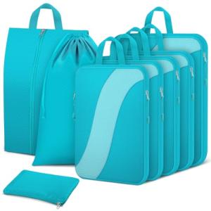 8 Set Compression Packing Cubes Travel, Expandable Travel Cubes for Carry on Luggage, Suitcase Organizer Compression Bags for Travel Essentials, Turquoise