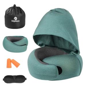 Vzpeun Travel Pillow - Hooded Neck Pillow Airplane Memory Foam Filling for Plane, Office, Cars Sleeping, Road Trip, Long Flights, Portable Plane Accessories, Includes Eye Mask & Earplugs (Green)