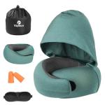 Vzpeun Travel Pillow - Hooded Neck Pillow Airplane Memory Foam Filling for Plane, Office, Cars Sleeping, Road Trip, Long Flights, Portable Plane Accessories, Includes Eye Mask & Earplugs (Green)