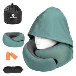 Vzpeun Travel Pillow - Hooded Neck Pillow Airplane Memory Foam Filling for Plane, Office, Cars Sleeping, Road Trip, Long Flights, Portable Plane Accessories, Includes Eye Mask & Earplugs (Green)