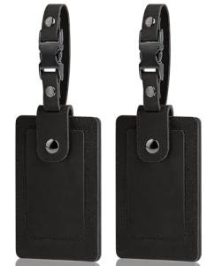 Premium Genuine Leather Luggage Tags for Suitcases - Quick Release, Privacy Protection, Elegant and Durable, Travel Essential Luggage Tag - 2 Pack Black